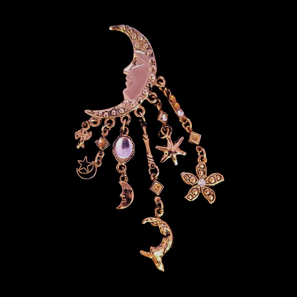 Vintage Style Gold Tone Celestial Man in the Moon Brooch Star Flower Charms Pin